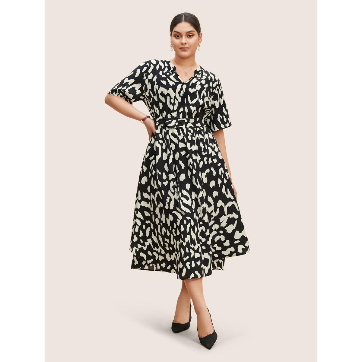 Plus Size Geometric Notched Belted Arc Hem Dress Black Women Work From Home Belted Flat collar with V-notch Half Sleeve Curvy BloomChic 30/6X Product Image