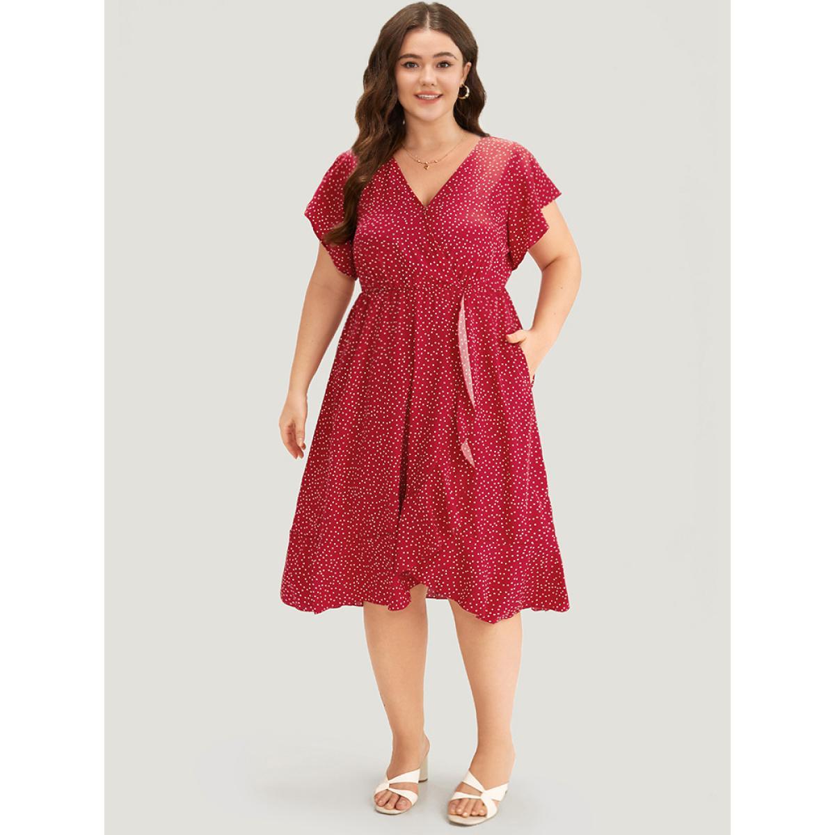 Plus Size Polka Dot Ruffles Wrap Pocket Asymmetrical Hem Dress Raspberry Women Elegant Wrap V-neck Short sleeve Curvy Knee Dress BloomChic 14-16/1X Product Image