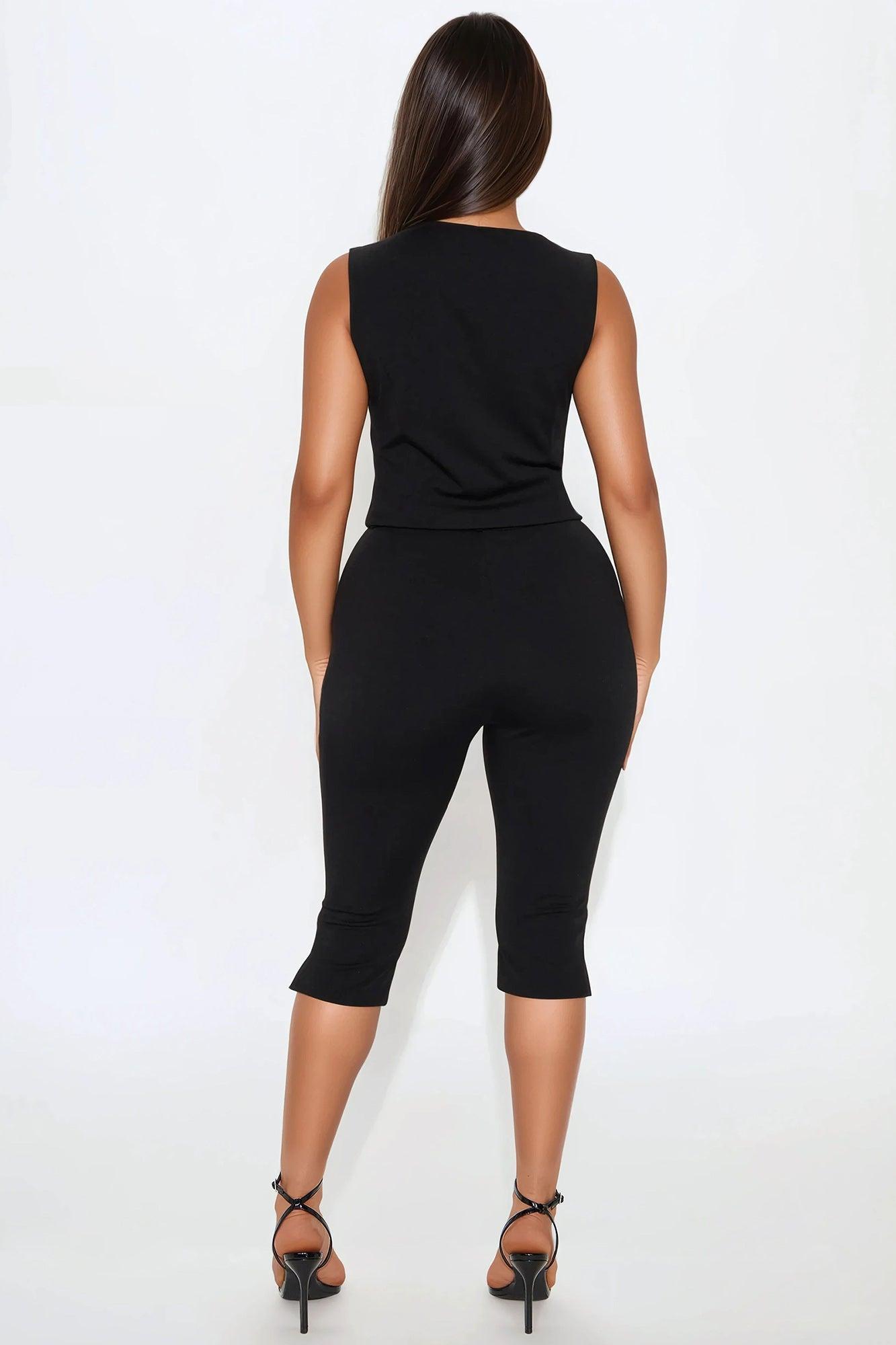 Hannah Square Neck Vest Capri Pant Set - Black Product Image