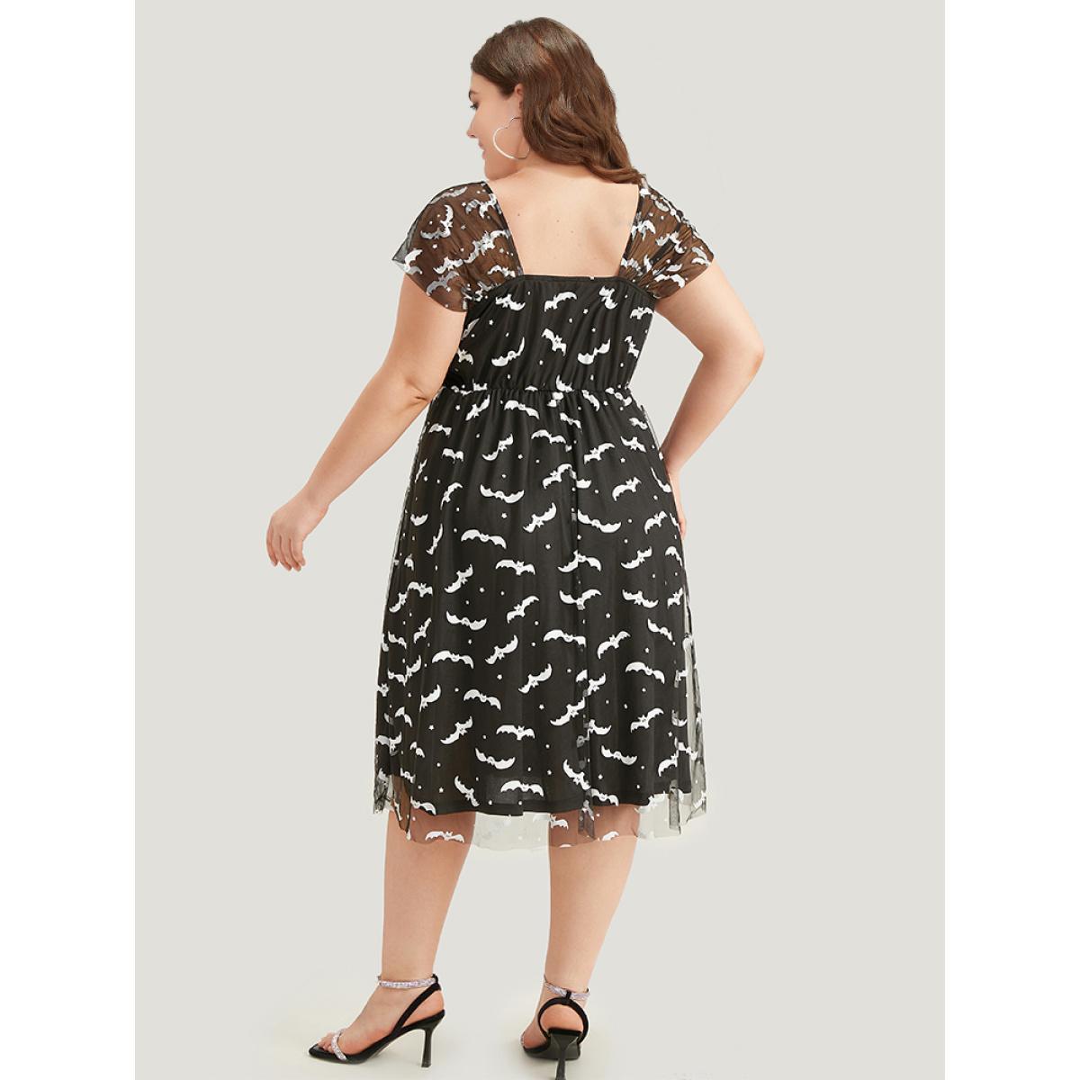 Plus Size Halloween Bat Print Mesh Square Neck Dress Black Women Glamour See through Square Neck Sleeveless Curvy Midi Dress BloomChic 12/L Product Image