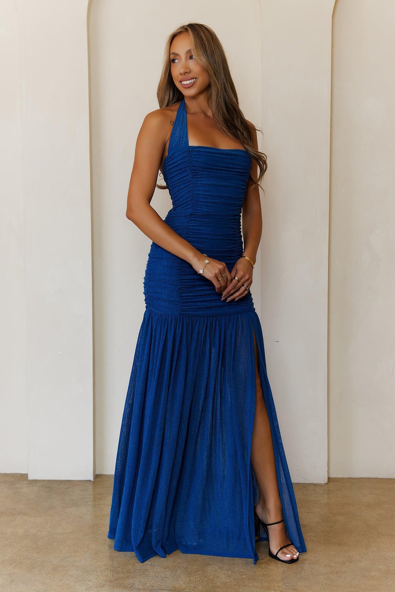 Evelyn Luxe Mesh Halter Maxi Dress Teal Product Image