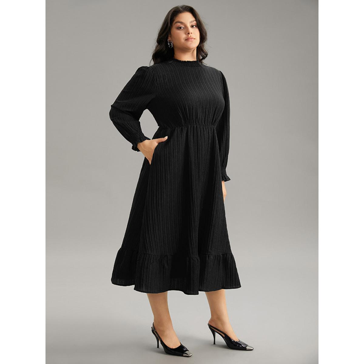 Plus Size Plain Texture Elastic Waist Frill Trim Shirred Dress Black Women Office Texture Mock Neck Long Sleeve Curvy Midi Dress BloomChic 12/L Product Image