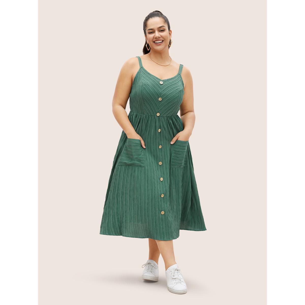 Plus Size Plain Textured Button Detail Cami Dress Emerald Women Casual Texture Non Sleeveless Curvy Midi Dress BloomChic 14-16/1X Product Image