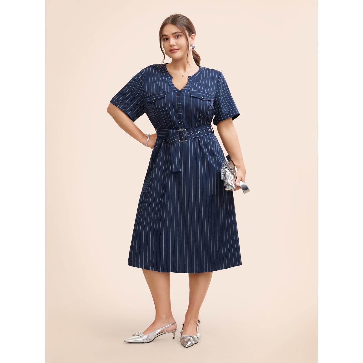 Plus Size Striped Notched Button Detail Belted Dress Navy Women At the Office Belted Flat collar with V-notch Short sleeve Curvy BloomChic 10/M Product Image