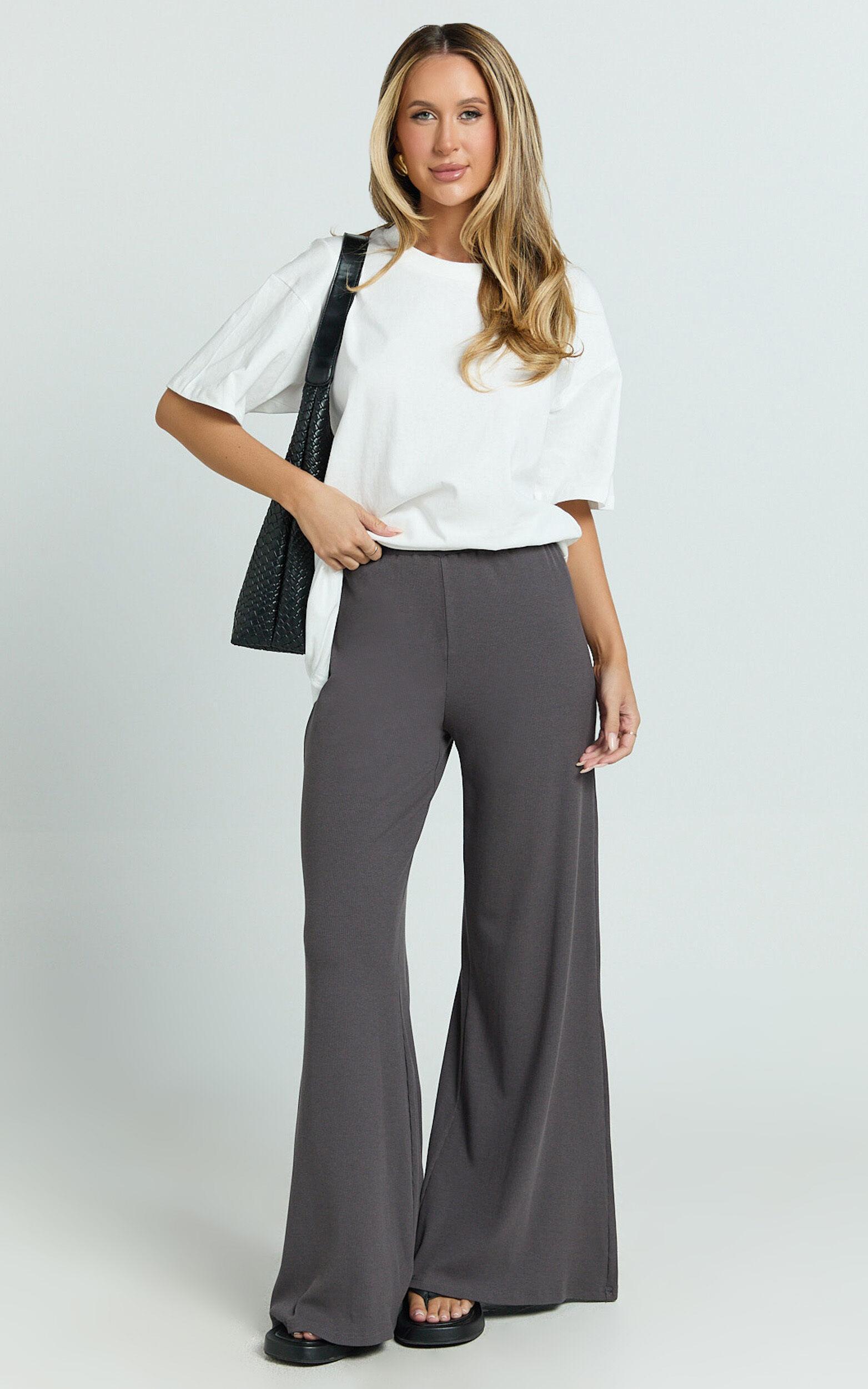 Amalthea Pants - High Waisted Jersey Rib Wide Leg Pants in Charcoal Product Image