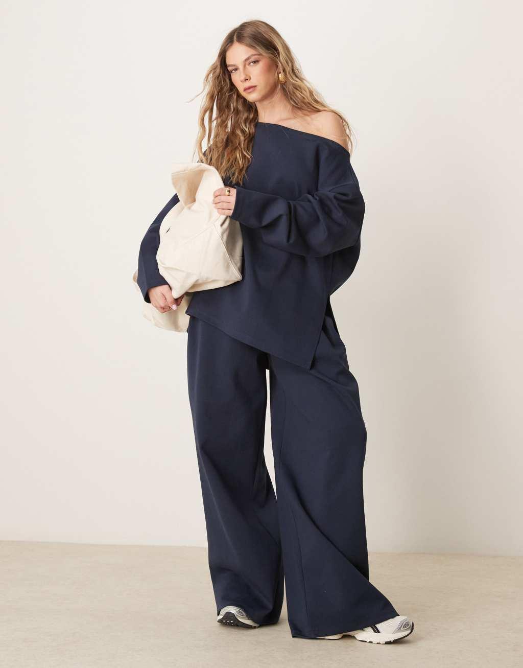 ASOS DESIGN oversized off-shoulder interlock sweatshirt in navy Product Image