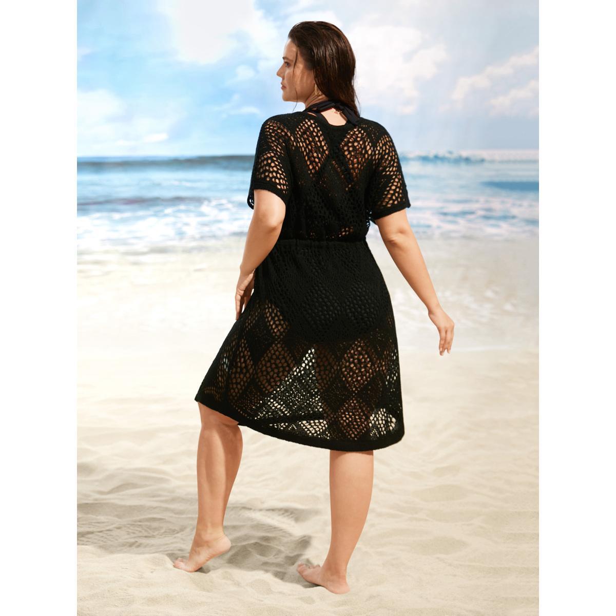 Plus Size Geometric Cut Out Drawstring Dolman Sleeve Swim Cover Up Women's Swimwear Black Beach Loose Texture Curve Swim Cover Ups BloomChic 10/M Product Image