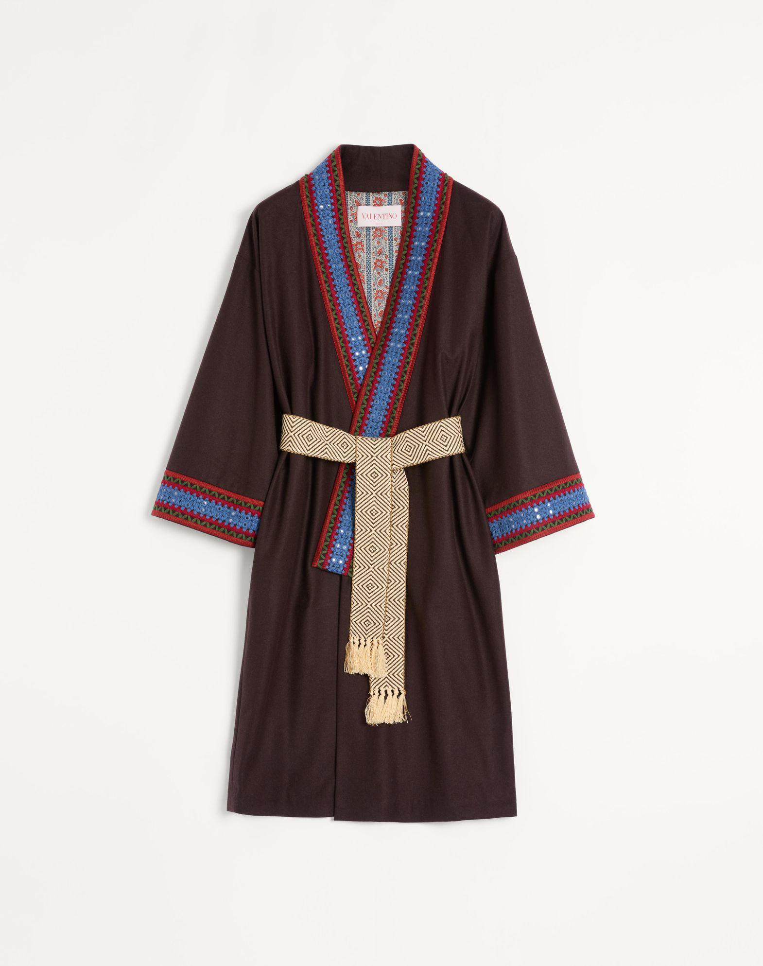 Wool Flannel Robe Coat With Jacquard Belt Product Image