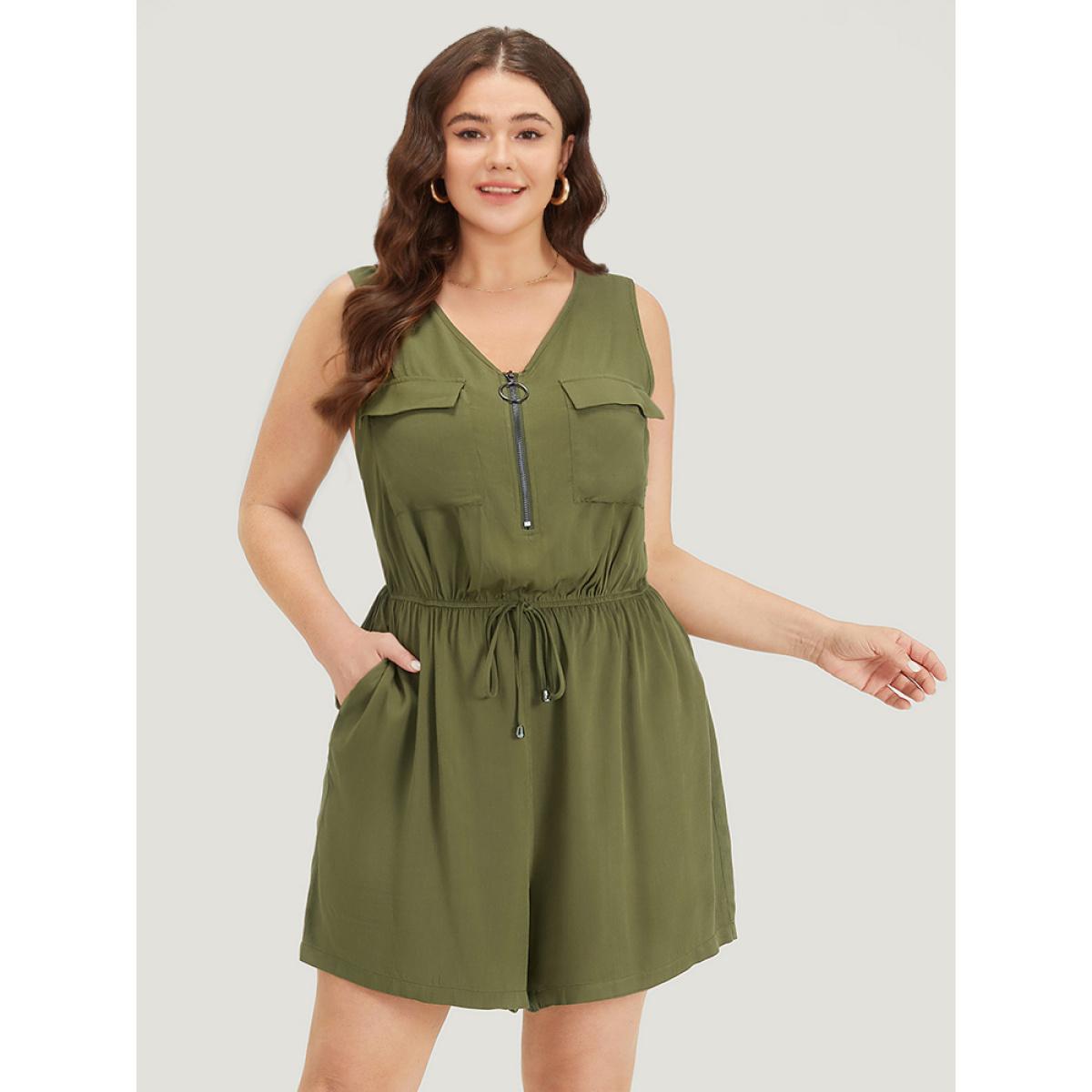 Plus Size ArmyGreen Plain V Neck Drawstring Pocket Zipper Jumpsuit Women Elegant Sleeveless V-neck Dailywear Loose Jumpsuits BloomChic 14-16/1X Product Image