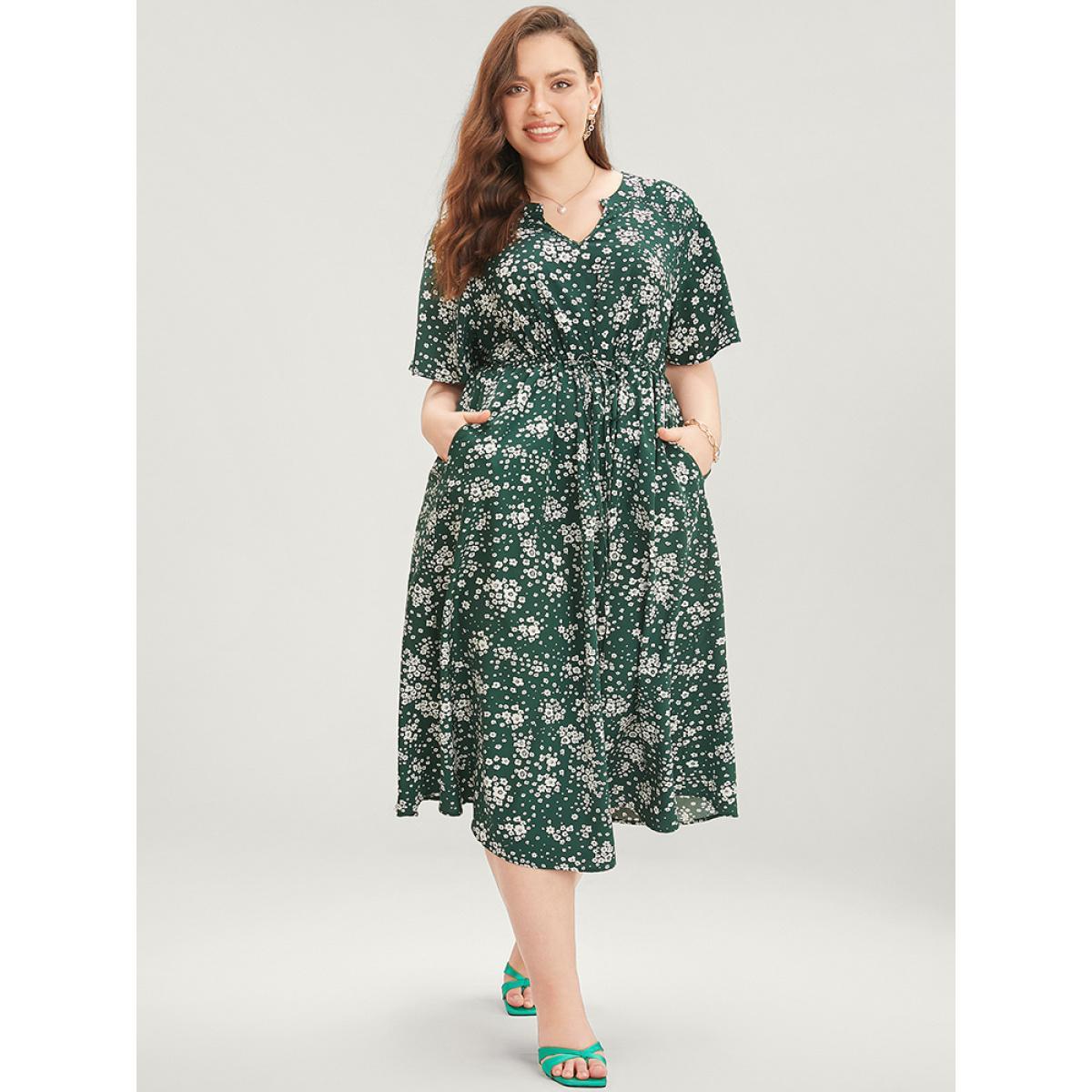 Plus Size Floral Print Raglan Sleeve Pocket Drawstring Ruffles Dress ArmyGreen Women Elegant Drawstring V-neck Short sleeve Curvy Midi Dress BloomChic 14-16/1X Product Image