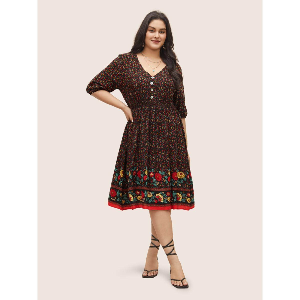 Plus Size Ditsy Floral Print Elastic Waist Shirred Button Detail Dress Black Women Resort Non V-neck Elbow-length sleeve Curvy Midi Dress BloomChic 18-20/2X Product Image