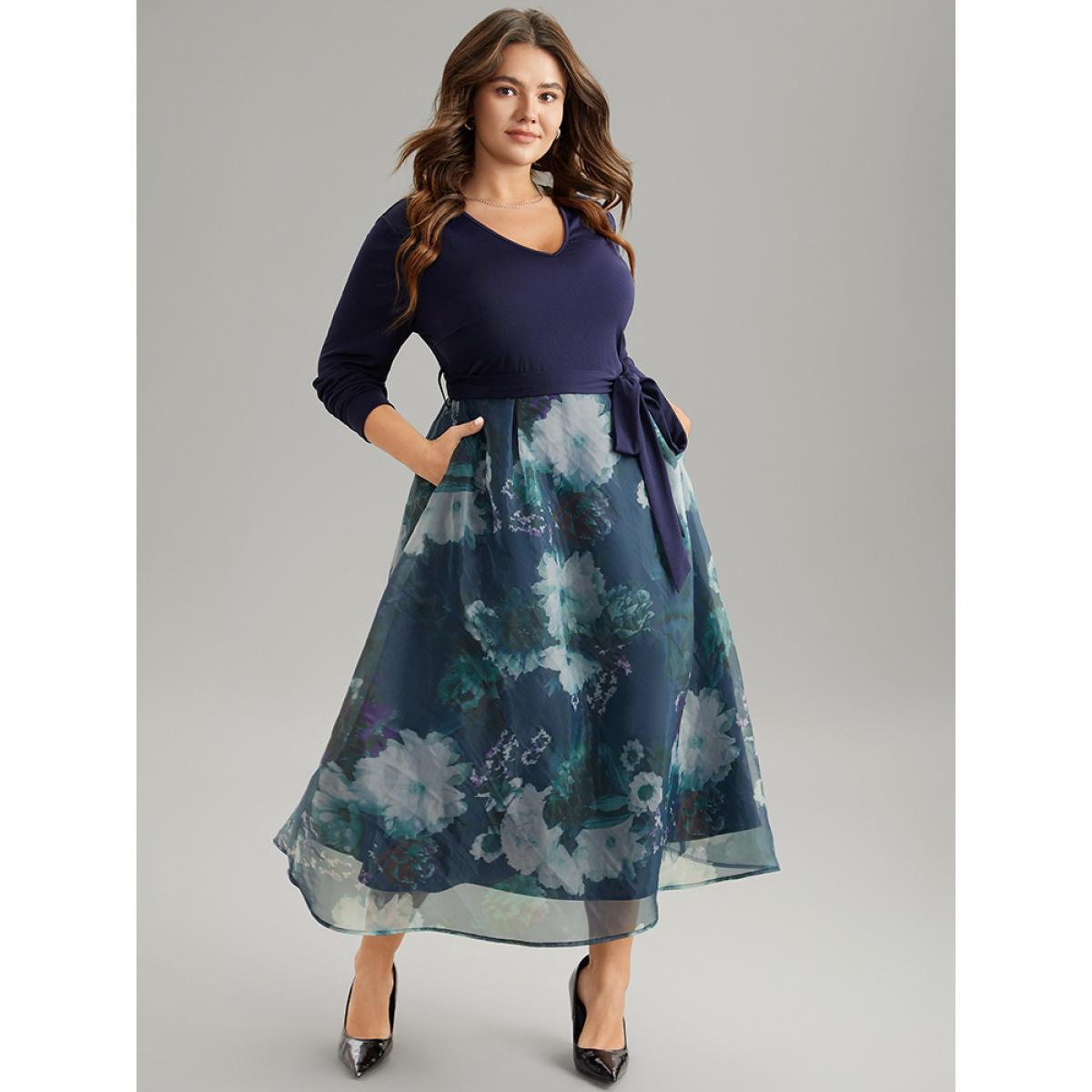 Plus Size Floral Print Belted Patchwork Mesh Dress DarkBlue Women Elegant Belted V-neck Long Sleeve Curvy Midi Dress BloomChic 12/L Product Image