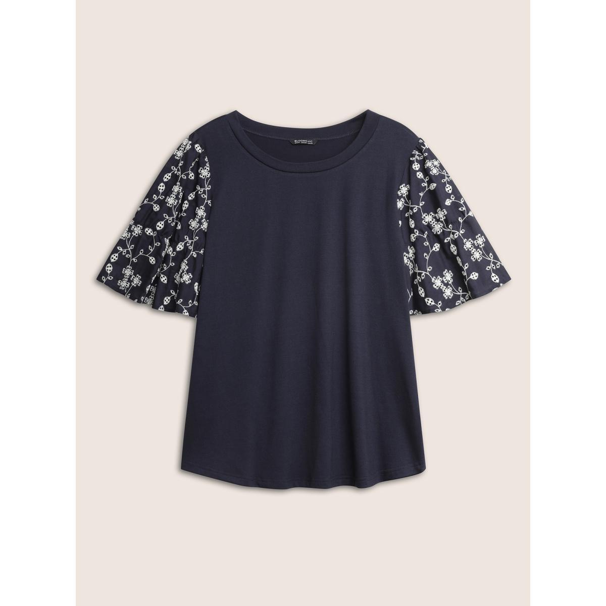 Plus Size Ditsy Floral Patchwork Broderie Anglaise T-shirt Midnight Women Elegant Patchwork Ditsy Floral Round Neck Everyday T-shirts BloomChic 28/5X Product Image