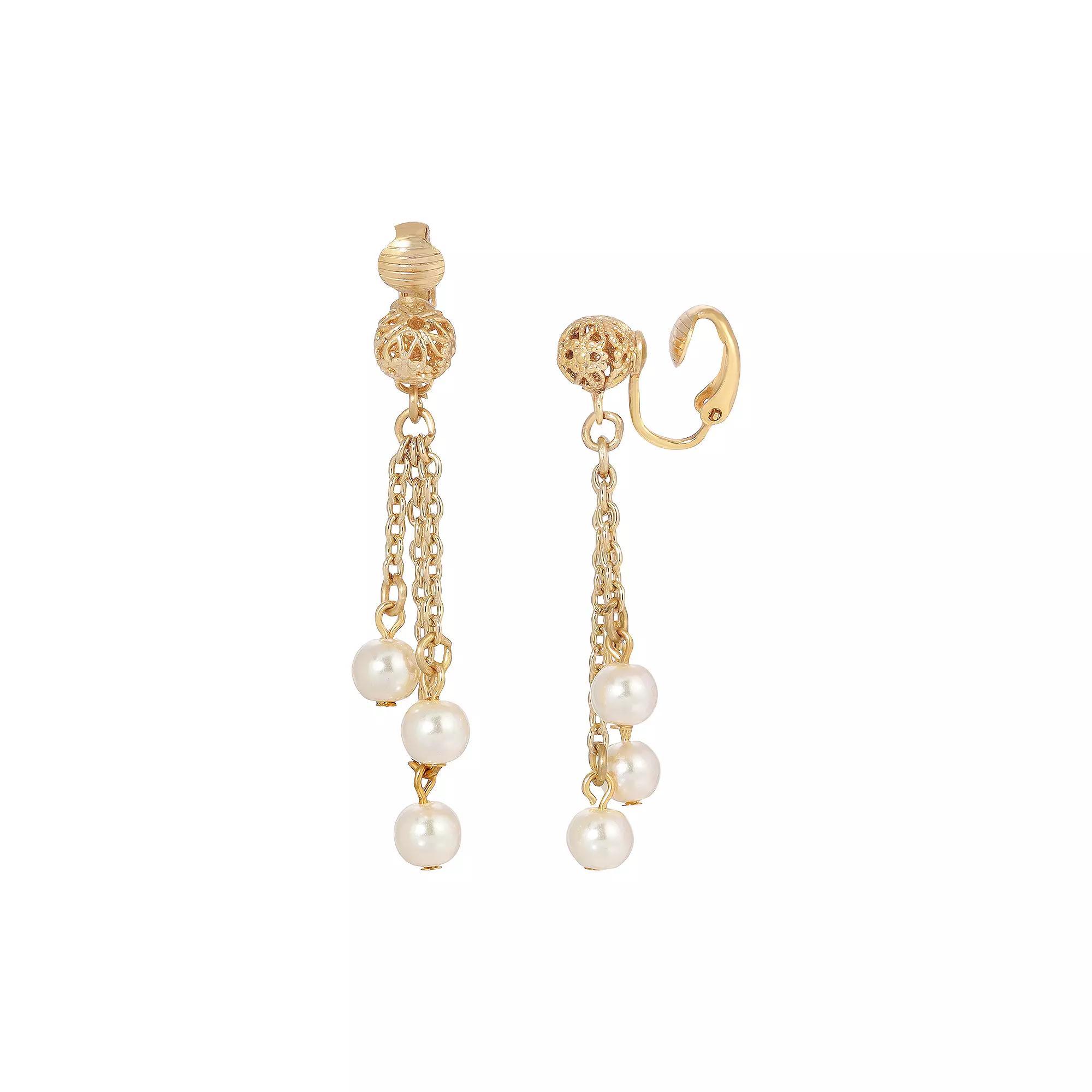 1928 Gold Tone Simulated Pearl Filigree Tassel Clip-On Earrings, Womens, White Product Image