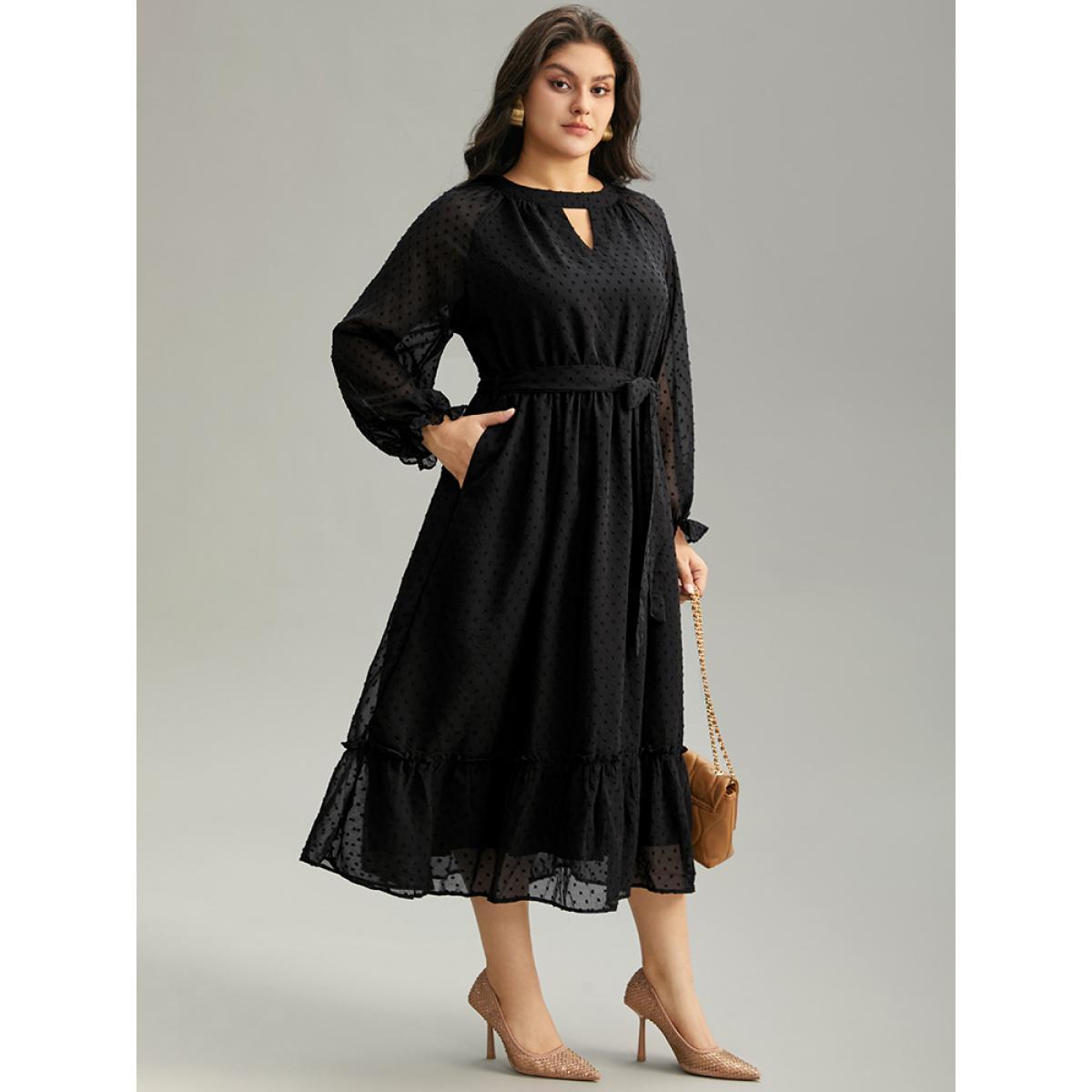 Plus Size Chiffon Texture Belted Mesh Keyhole Frill Trim Dress Black Women Office Texture Keyhole Cut-Out Long Sleeve Curvy Midi Dress BloomChic 10/M Product Image