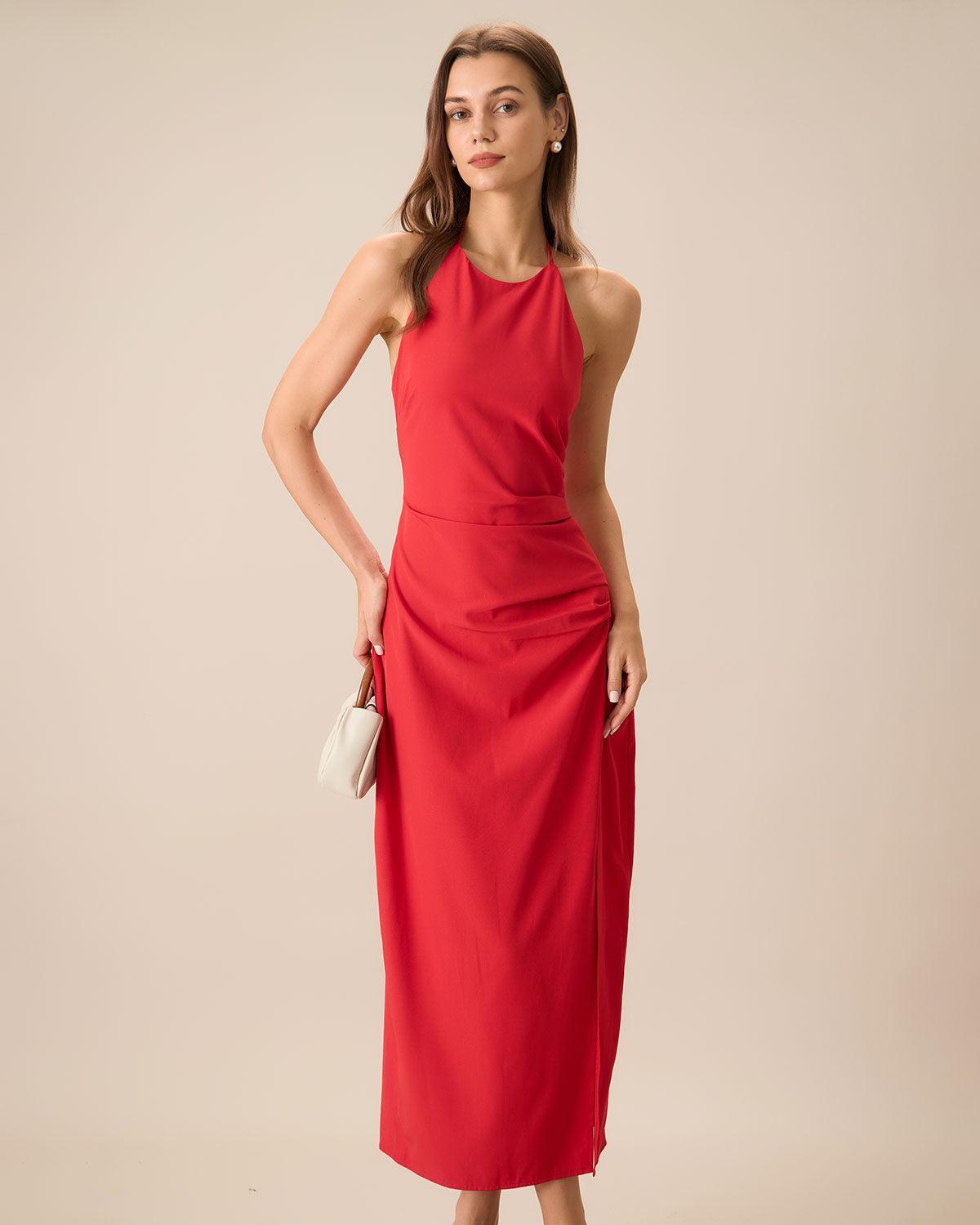 Women's Red Shirred Halter Maxi Dress Female Product Image