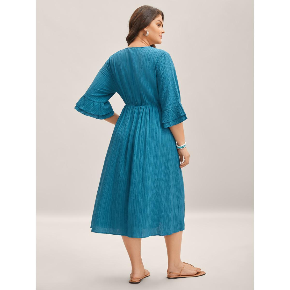 Plus Size Scalloped Lace Surplice Ruffled Midi Dress Teal Women Overlap Collar Elbow-length sleeve Curvy BloomChic 18-20/2X Product Image