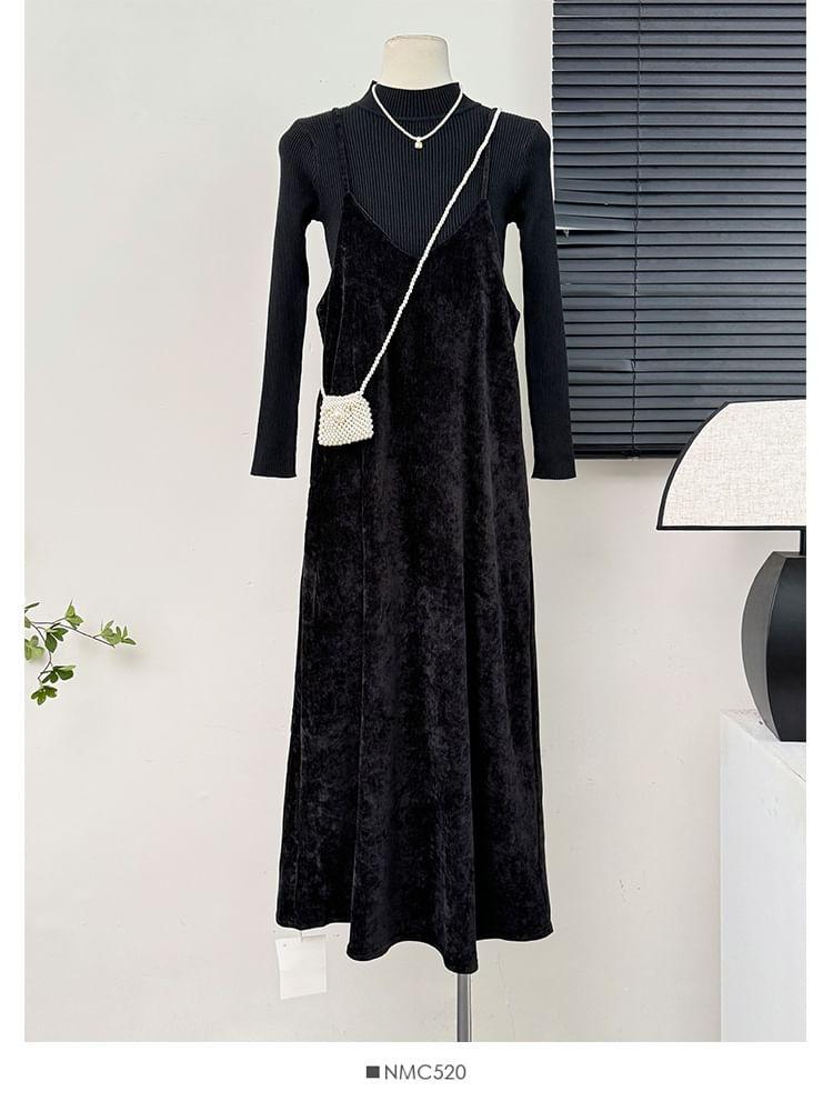 Set: Sleeveless Loose A-Line Dress + Mock-Neck Knit T-Shirt Product Image