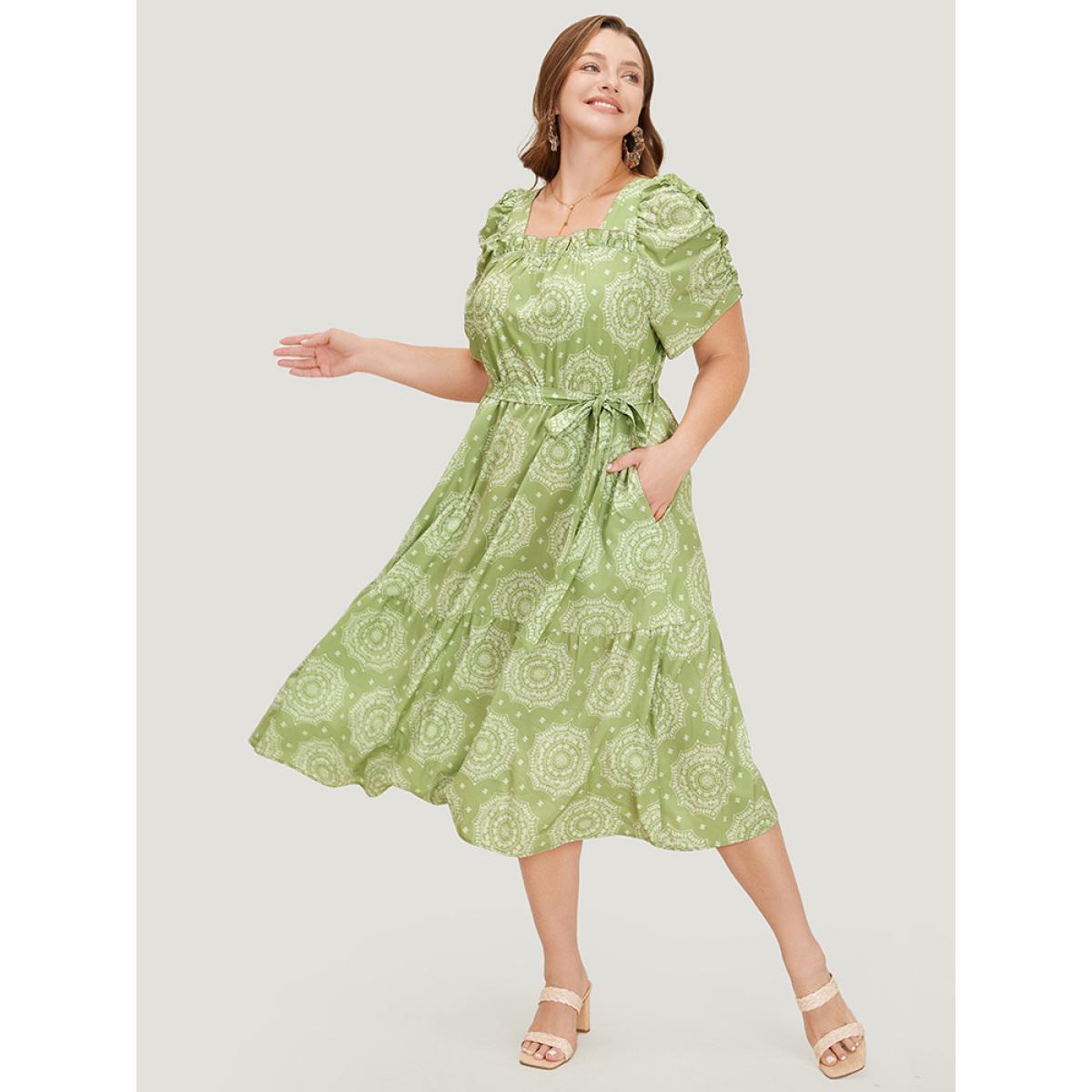 Plus Size Bandana Print Ruched Sleeve Frill Trim Pocket Belt Dress LightGreen Women Vacation Ruched Square Neck Short sleeve Curvy Midi Dress BloomChic 28/5X Product Image
