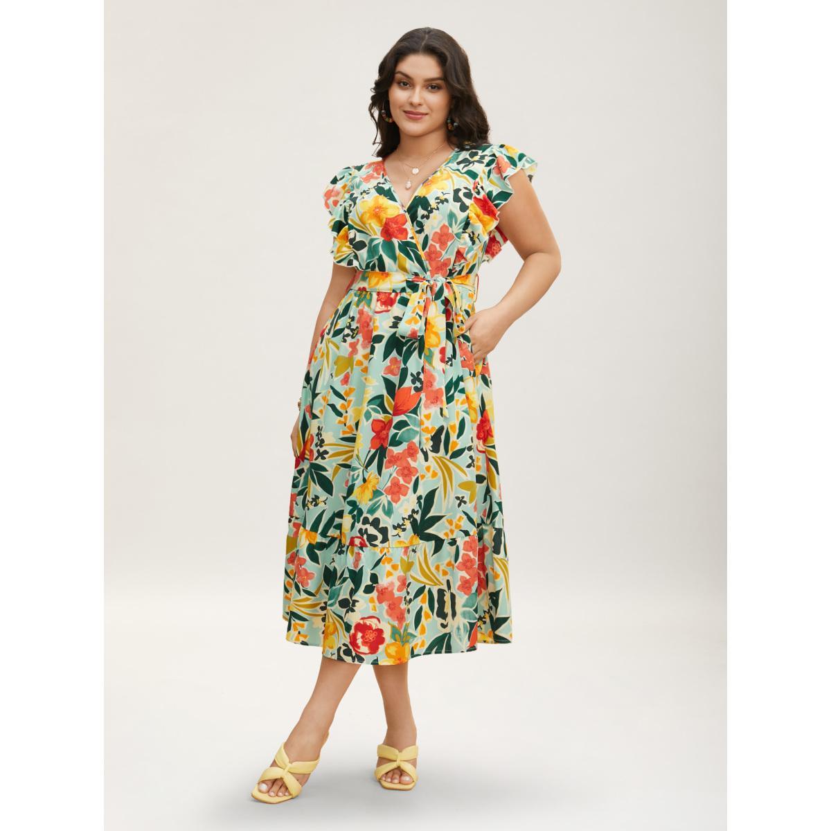 Plus Size Floral Wrap Patchwork Ruffle Cap Sleeve Dress LightBlue Women Resort Belted V-neck Cap Sleeve Curvy BloomChic 14-16/1X Product Image