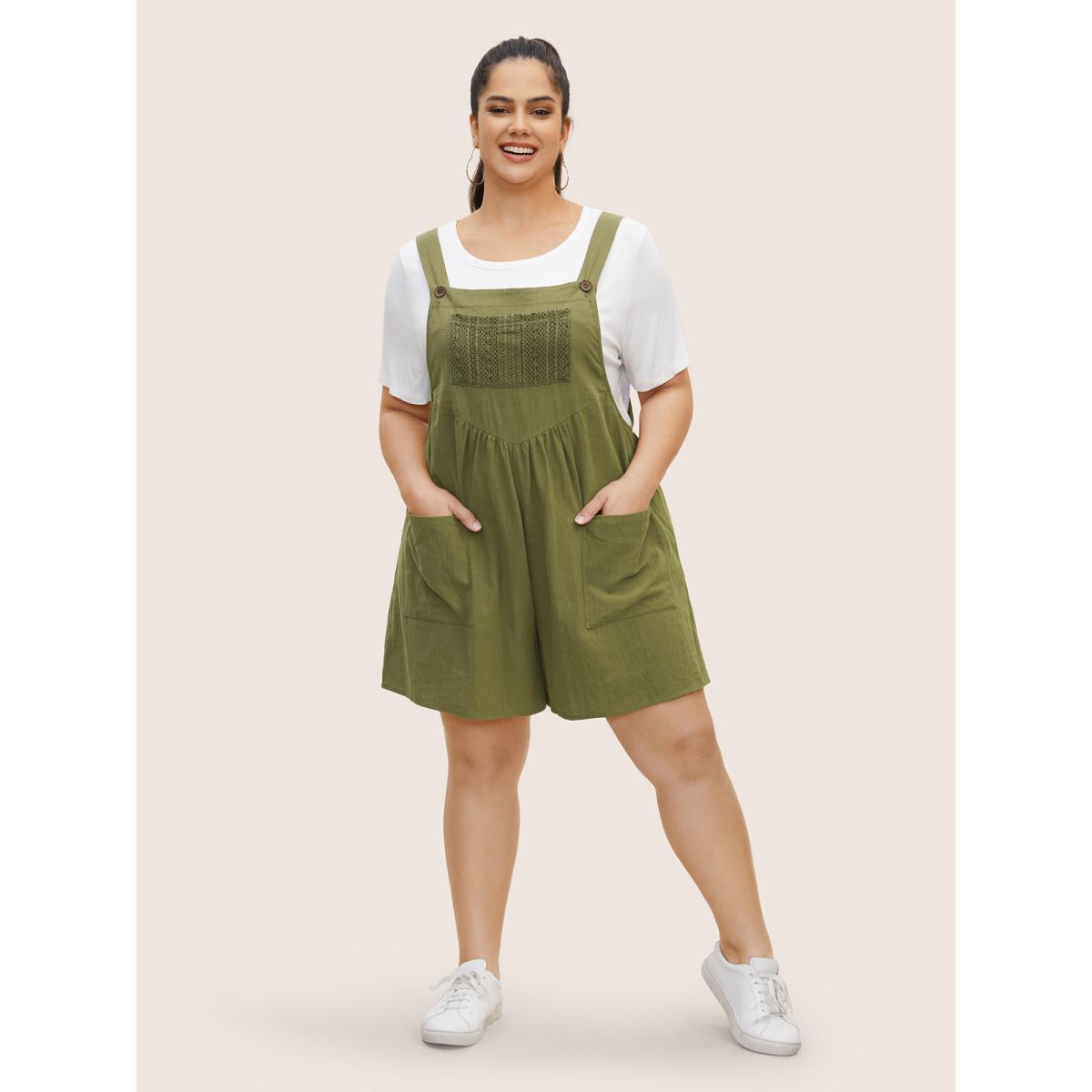 Plus Size ArmyGreen Cotton Plain Textured Patch Pocket Jumpsuit Women Casual Sleeveless Square Neck Everyday Loose Jumpsuits BloomChic 26/4X Product Image