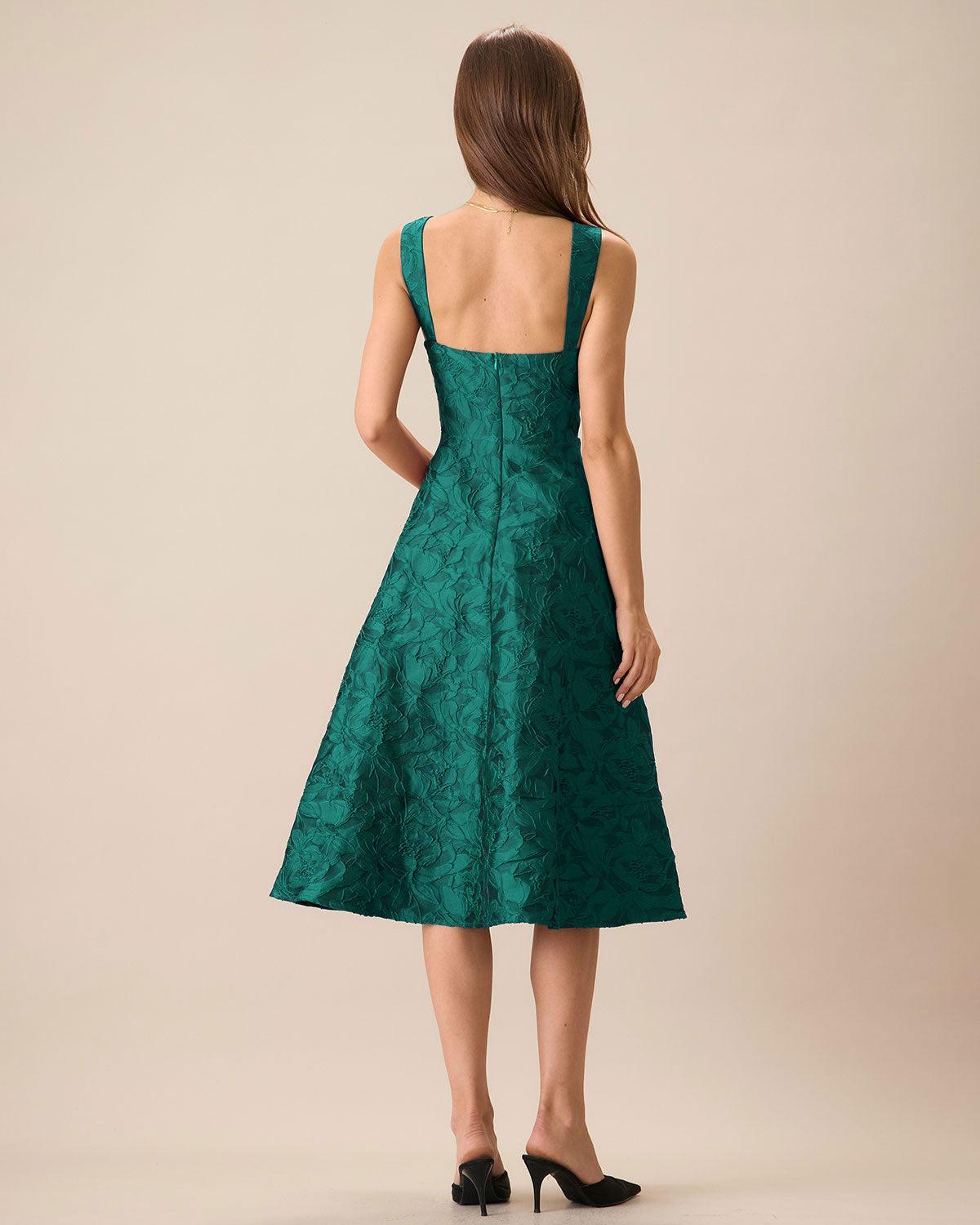 Green Sweetheart Neck Jacquard Midi Dress Product Image