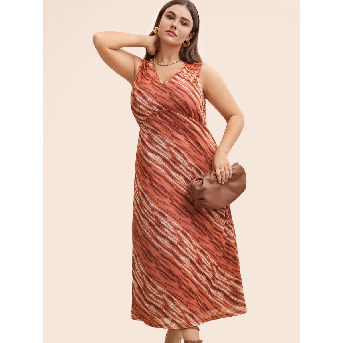 Plus Size V Neck Striped Contrast Tank Dress Yellowishbrown Women Elegant V-neck Sleeveless Curvy BloomChic 10/M Product Image