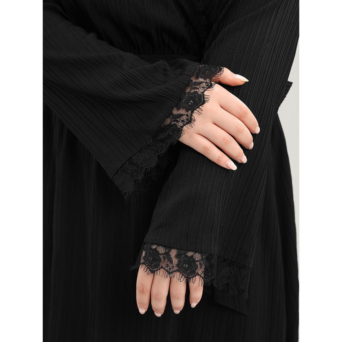 Plus Size Solid Textured Bell Sleeve Pocket Contrast Lace Belted Dress Black Women Elegant Lace V-neck Long Sleeve Curvy Midi Dress BloomChic 14-16/1X Product Image