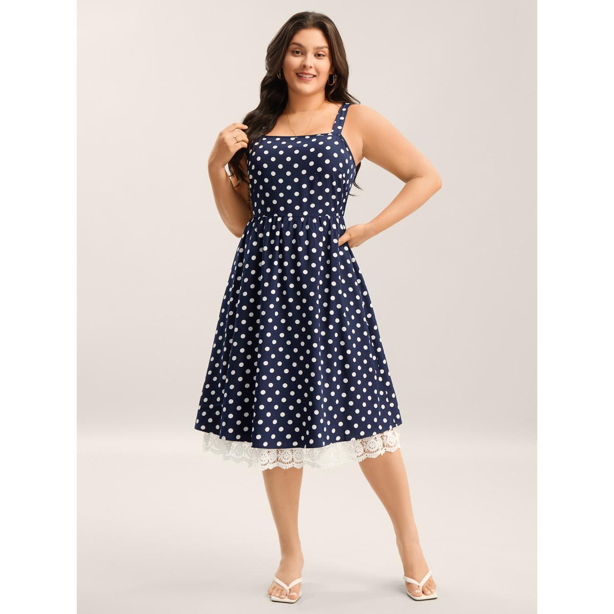 Plus Size Polka Dots Print Adjustable Lace Midi Dress DarkBlue Women Non Sleeveless Curvy BloomChic 28/5X Product Image