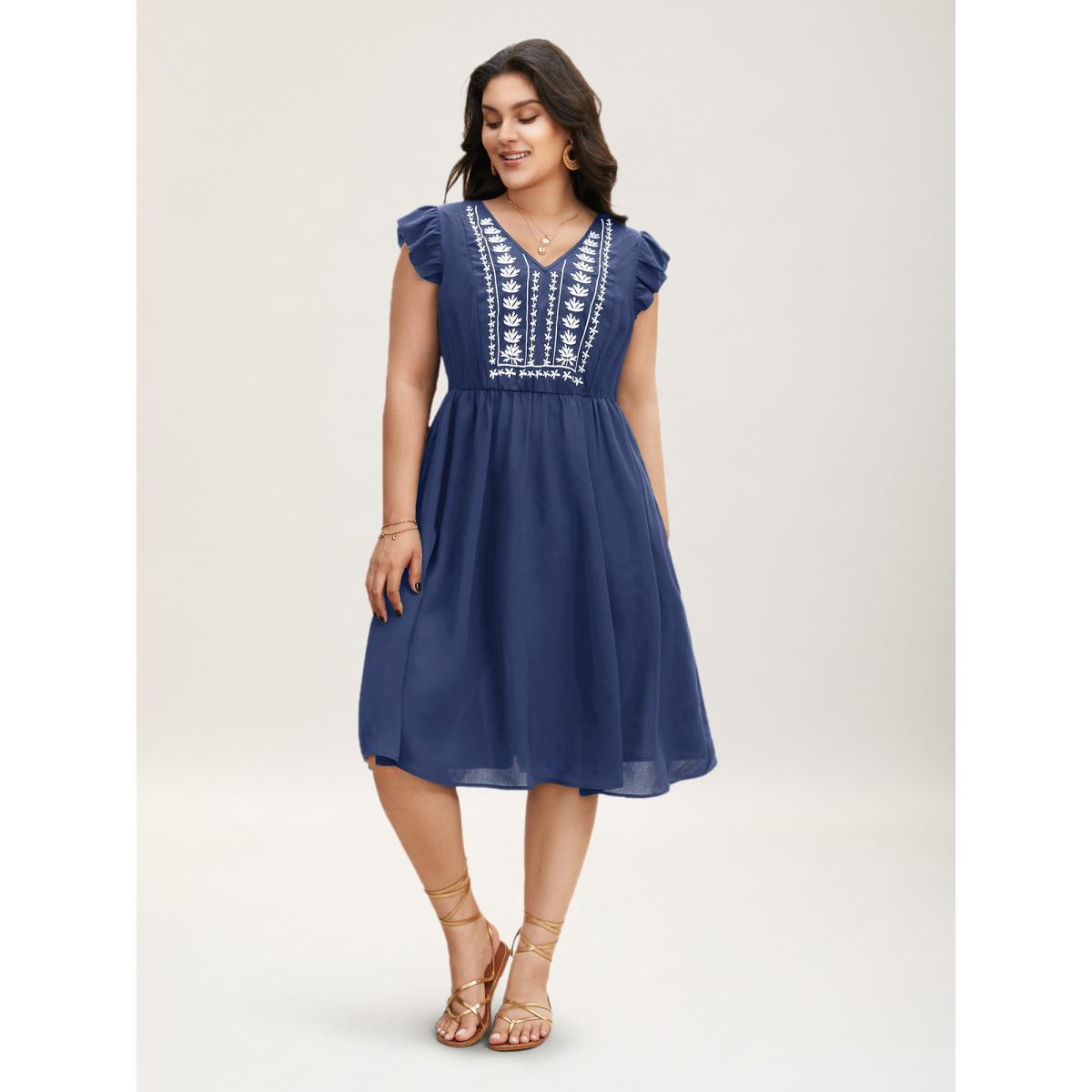 Plus Size Floral Embroidered V Neck Ruffle Cap Sleeve Dress Mediumblue Women Resort Embroidered V-neck Cap Sleeve Curvy BloomChic 12/L Product Image
