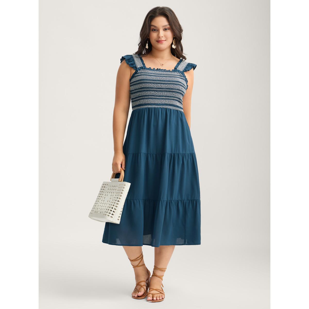 Plus Size Fancy Shirred Flutter Tiered Pockets Midi Dress Aegean Women Gathered Square Neck Sleeveless Curvy BloomChic 14-16/1X Product Image