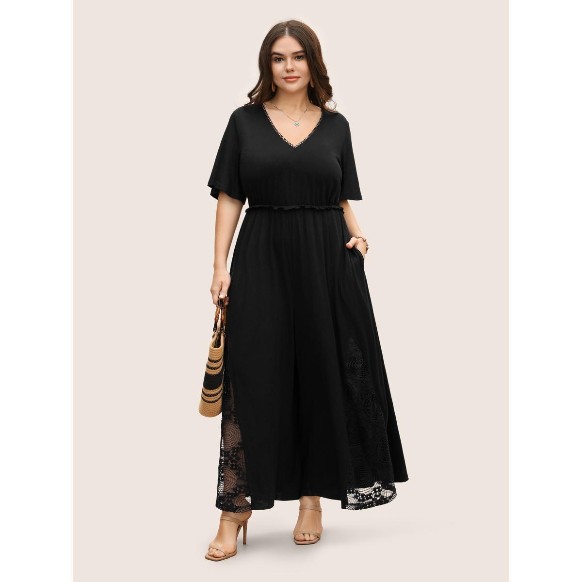 Plus Size Black V Neck Lace Panel Frill Trim Jumpsuit Women Resort Short sleeve V-neck Vacation Loose Jumpsuits BloomChic 30/6X Product Image