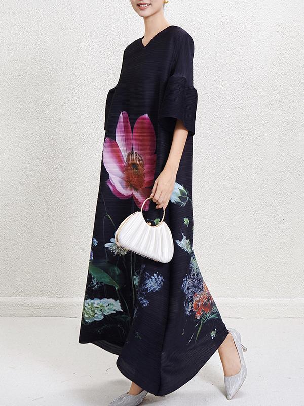 A-Line Flared Sleeves Flower Print Pleated V-Neck Maxi Dresses Product Image