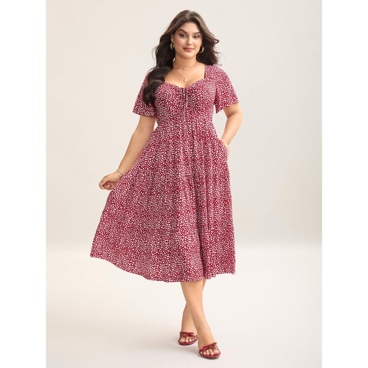 Plus Size Ditsy Floral Sweetheart Drawstring Pocket Tiered Dress Mauve Women Elegant Non V-neck Short sleeve Curvy Midi Dress BloomChic 14-16/1X Product Image