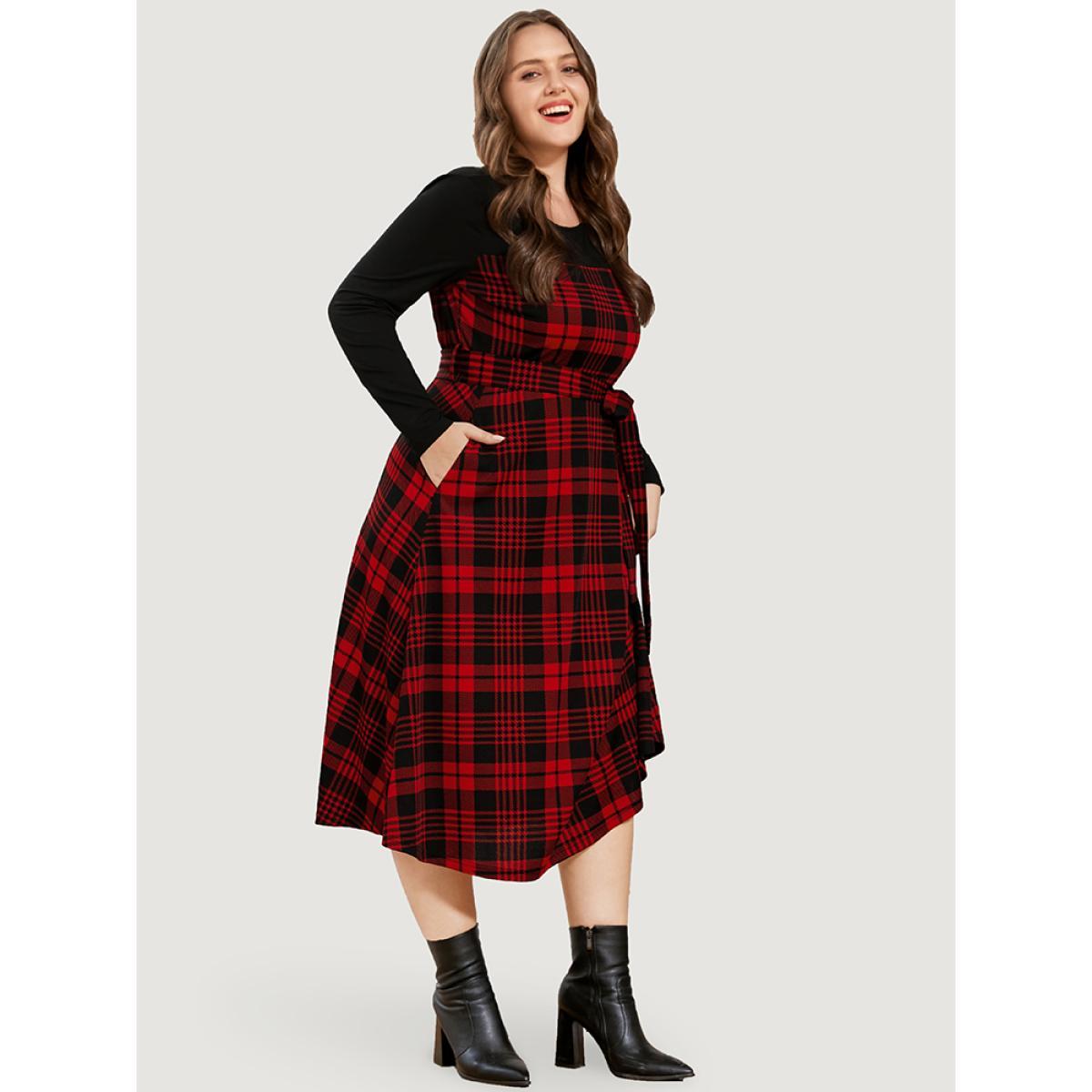 Plus Size Plaid Patchwork Round Neck Pocket Belted Dress Red Women Elegant Patchwork Round Neck Long Sleeve Curvy Midi Dress BloomChic 26/4X Product Image