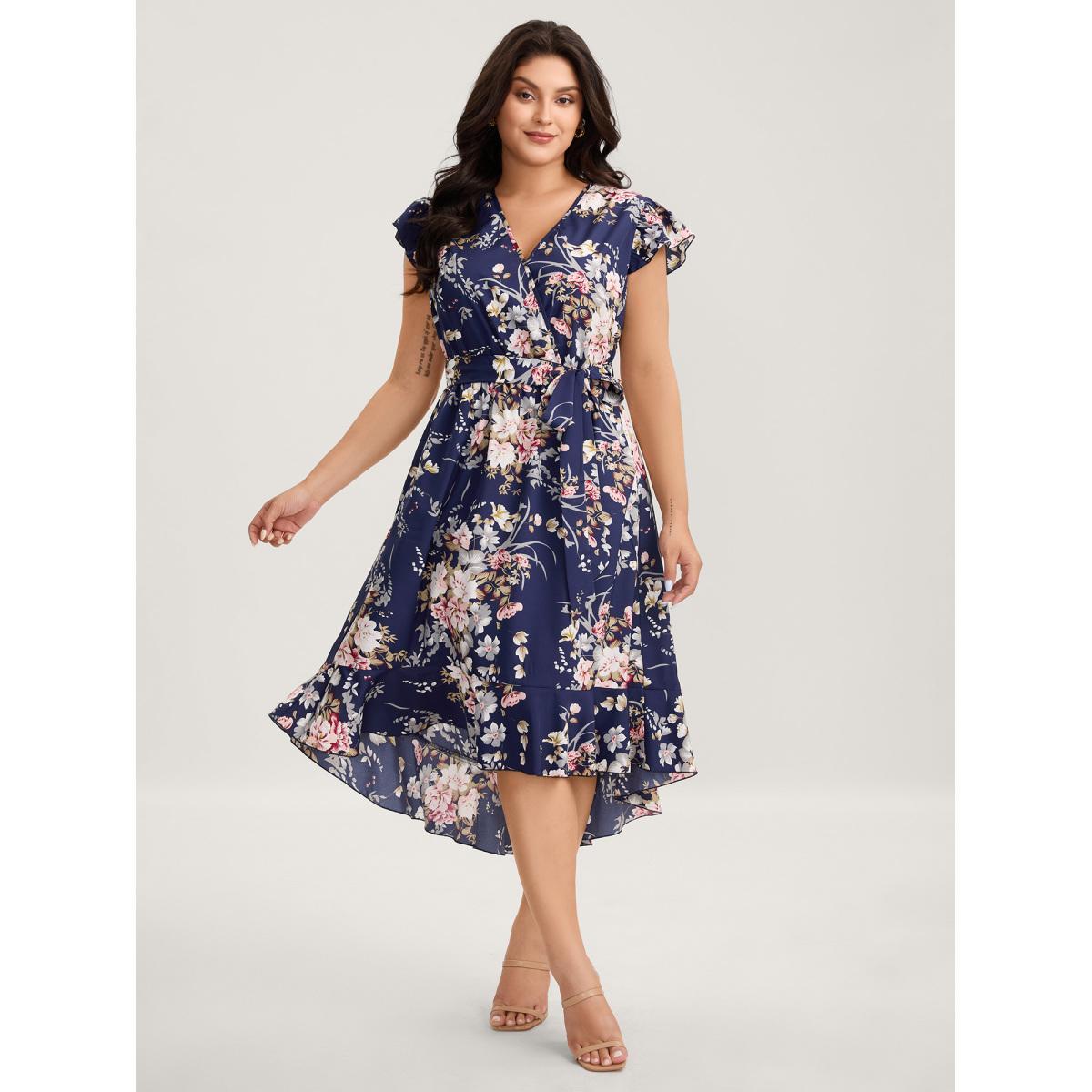 Plus Size Midnight Blooms Wrap A-Line Midi Dress Navy Women Overlap Collar Cap Sleeve Curvy BloomChic 22-24/3X Product Image
