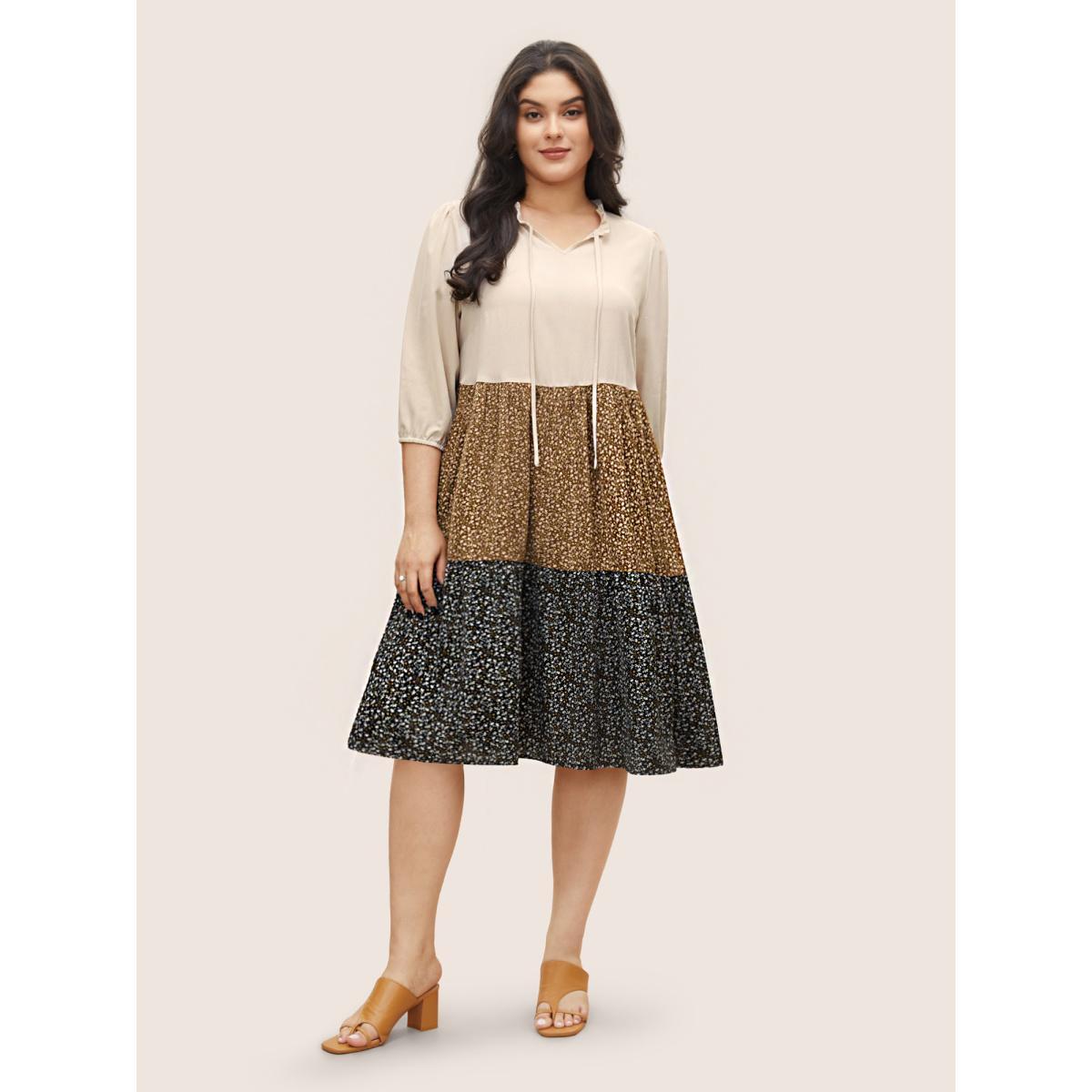 Plus Size Tie Neck Ditsy Floral Colorblock Contrast Frill Trim Dress Apricot Women Casual Non V-neck Elbow-length sleeve Curvy Midi Dress BloomChic 26/4X Product Image