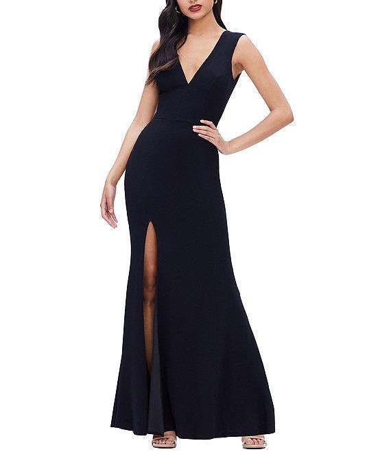 Dress the Population Sandra Crepe Plunge V-Neck Sleeveless Side Slit Gown Product Image