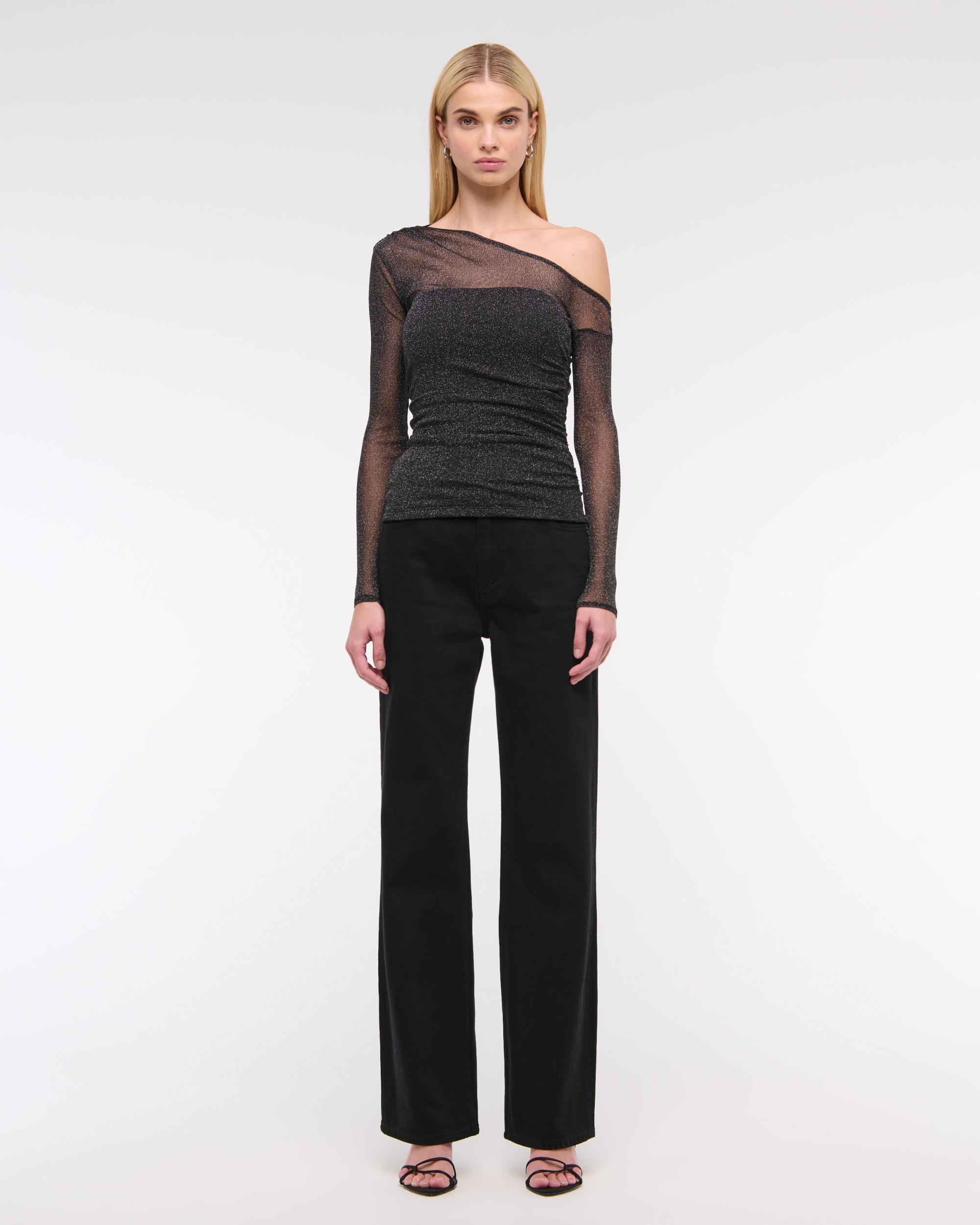 Long-Sleeve Velvet Asymmetrical Draped Top Product Image