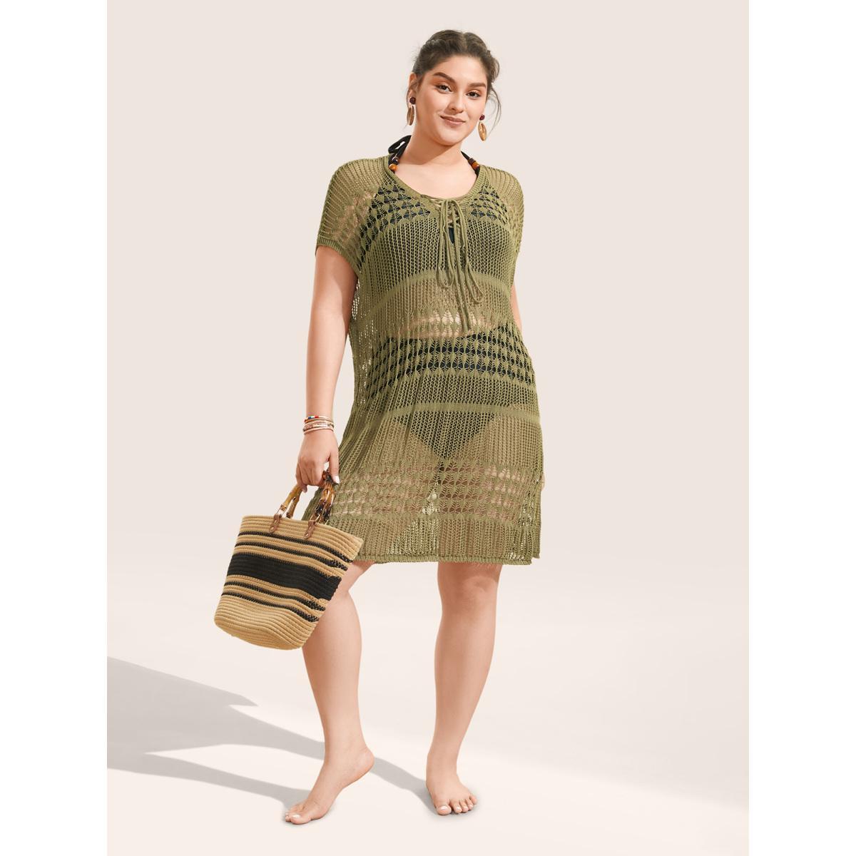 Plus Size Solid Cut Out See Through Lace Up Swim Cover Up Women's Swimwear Olive Beach Tie knot Curve Swim Cover Ups BloomChic 26/4X Product Image