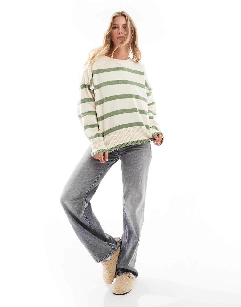 Pull&Bear chenille knitted sweater in white and khaki stripe Product Image