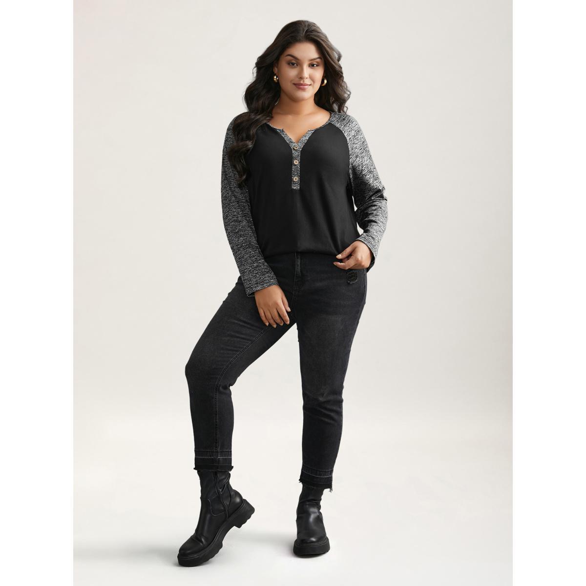 Plus Size Heather Patchwork Button Detail Stretchy T-Shirt Black Women Casual Contrast Flat collar with V-notch Everyday T-shirts BloomChic 26/4X Product Image
