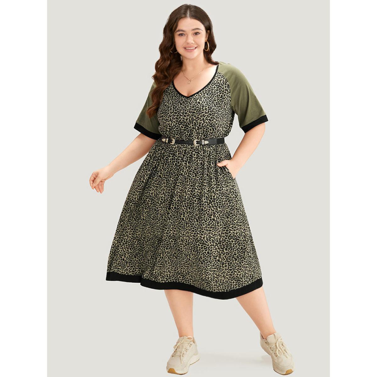 Plus Size Leopard Print Pocket Patchwork Gathered Contrast Trim Dress ArmyGreen Women Casual Gathered V-neck Half Sleeve Curvy Midi Dress BloomChic 18-20/2X Product Image