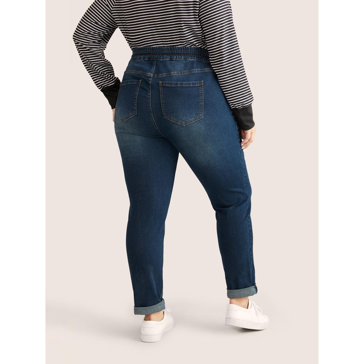 Plus Size Drawstring Elastic Waist Straight Leg Jeans Women Indigo Casual Plain Non High stretch Slanted pocket Jeans BloomChic 12/L Product Image