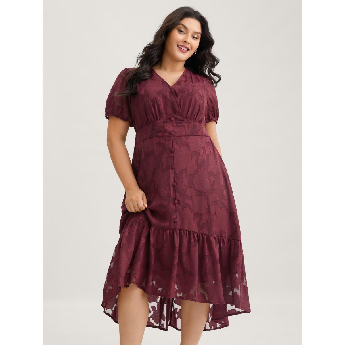 Plus Size Solid Textured Lantern Sleeve Button Detail Dress Burgundy Women Elegant Button V-neck Short sleeve Curvy BloomChic 12/L Product Image