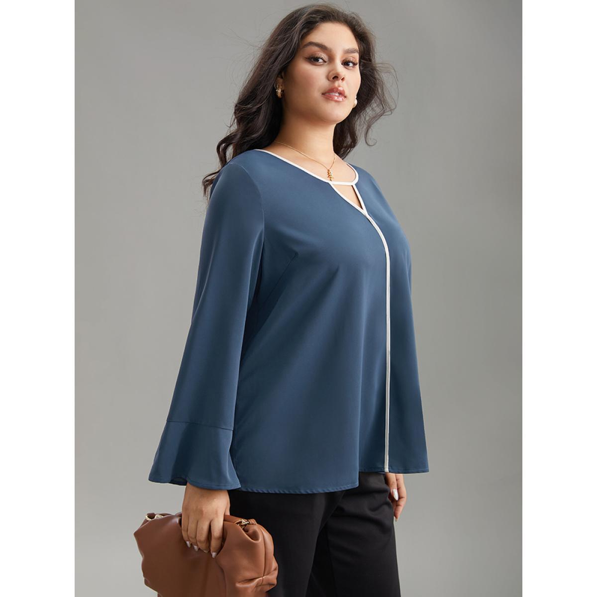 Plus Size Indigo Two Tone Keyhole Bell Sleeve Blouse Women Office Long Sleeve Keyhole Cut-Out Work Blouses BloomChic 10/M Product Image