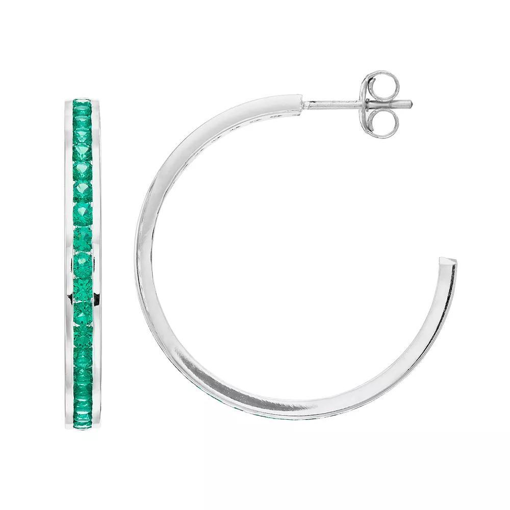 Traditions Jewelry Company Sterling Silver Channel-Set Lab-Created Emerald Birthstone Hoop Earrings, Womens Product Image