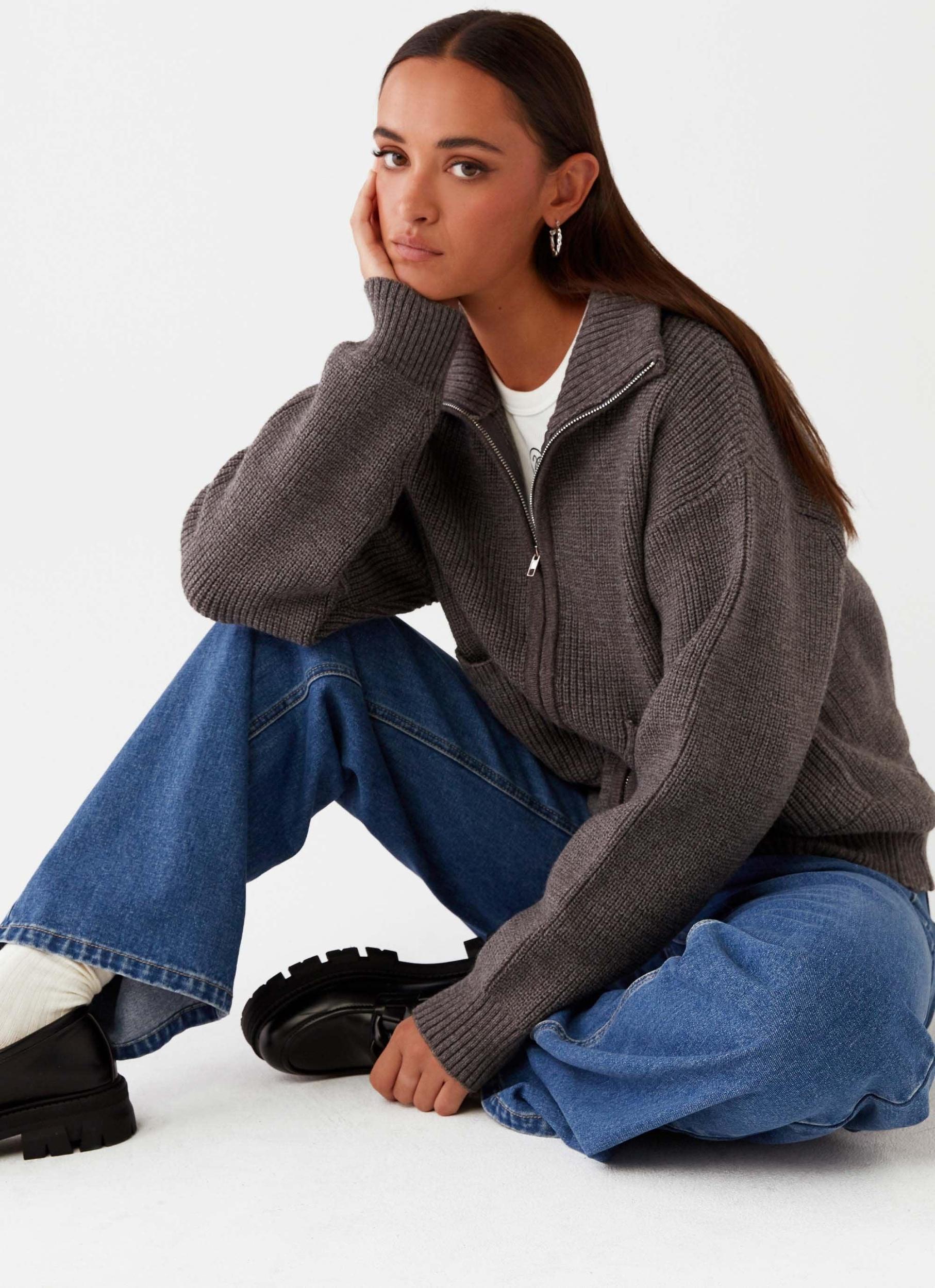 Common Ground Oversized Zip Cardigan - Charcoal Product Image