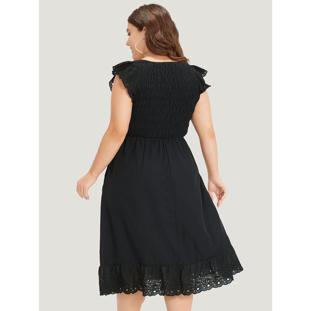 Plus Size Crochet Lace Mesh Shirred Elastic Waist Ruffle Cap Sleeve Dress Black Women Elegant Patchwork Round Neck Cap Sleeve Curvy Midi Dress BloomChic 10/M Product Image