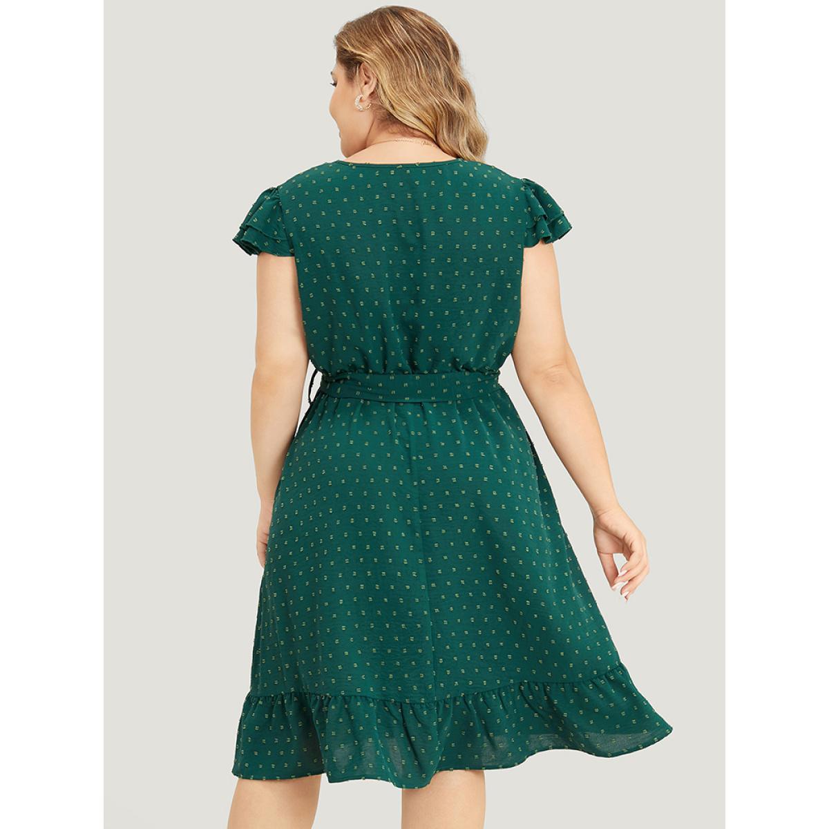 Plus Size Polka Dot Layered Sleeve Pocket Button Up Belted Flutter Dress Green Women Elegant Button V-neck Cap Sleeve Curvy Knee Dress BloomChic 10/M Product Image